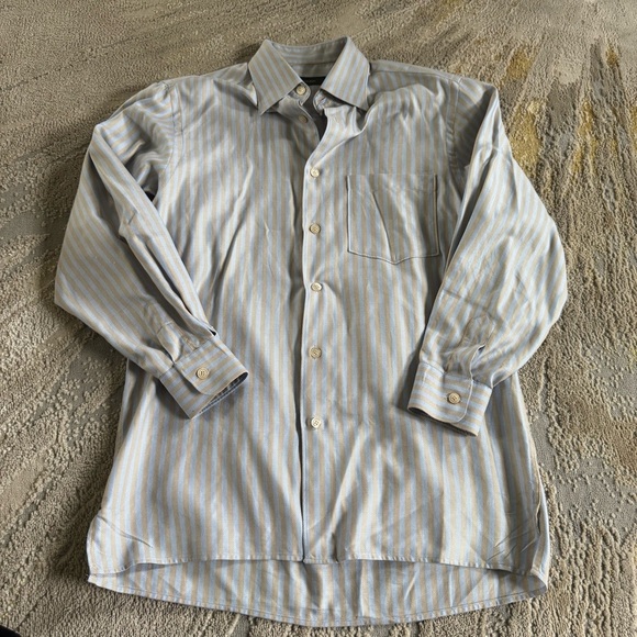 Ermenegildo Zegna button front  Shirt blue tan Striped Button up cotton small - Picture 1 of 7